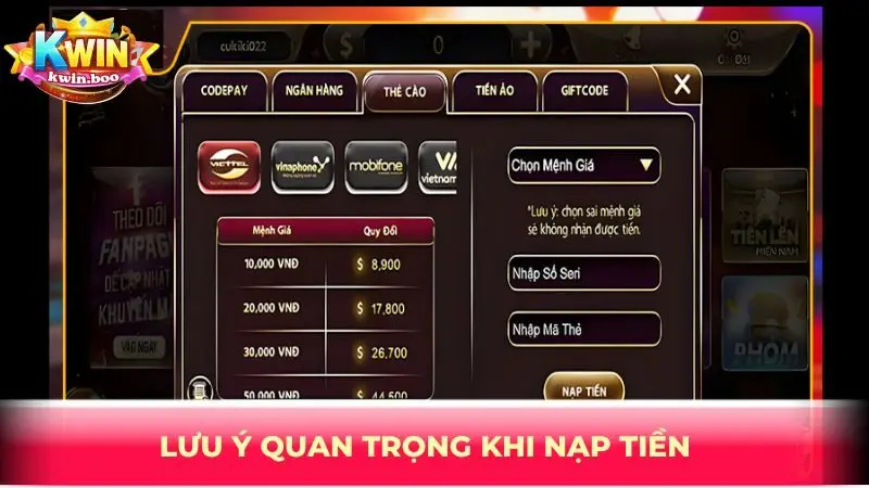 Lưu ý quan trọng khi nạp tiền
